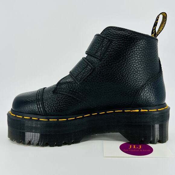 Dr. Martens Women's Devon Flower Buckle Black Leather Platform Boots Size 5 - Picture 8 of 11